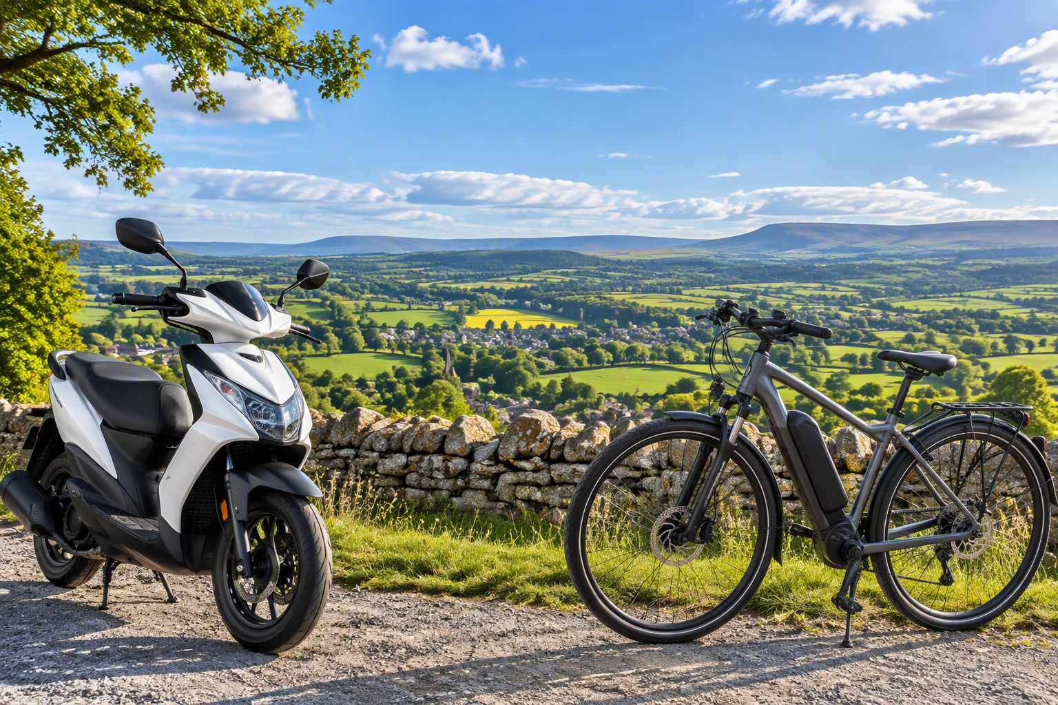 front of moped with a vast Dales scene in background